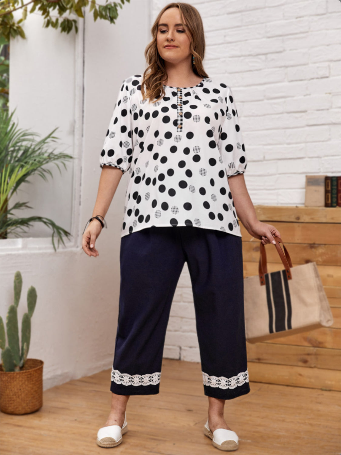 Plus Size Polka Dot Round Neck Half Sleeve Blouse - Scarlett's Riverside Boutique 