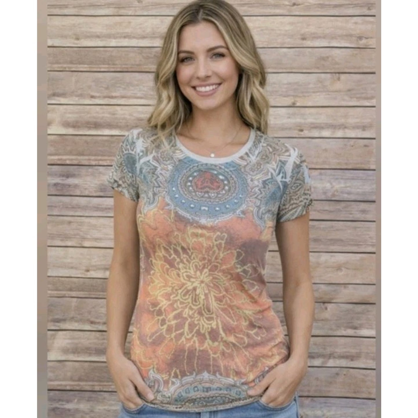 Max Rave Y2K Boho Paisley Mandala Graphic T-Shirt Women’s Size S...