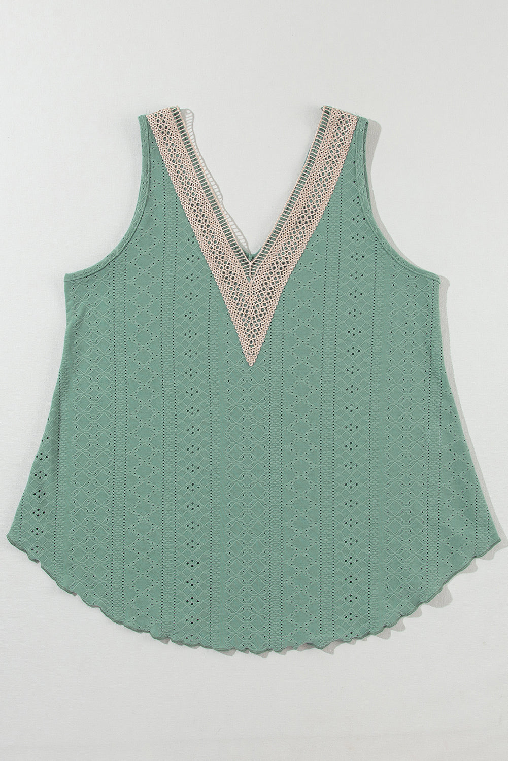 Mist Green Lace Crochet Splicing V Neck Loose Fit Tank Top - Scarlett's Riverside Boutique 