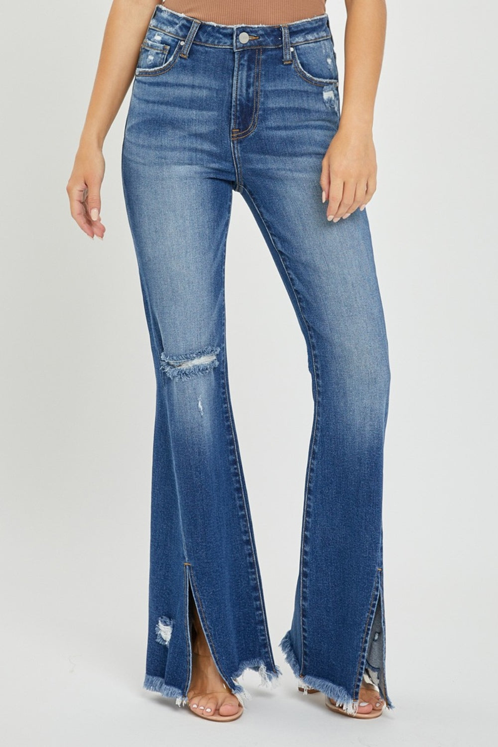 RISEN Full Size High Rise Front Slit Frayed Hem Flare Jeans - Scarlett's Riverside Boutique 