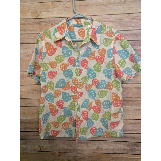 Women’s 14P Tropical Leaf Button Front Shirt Cotton Hawaiian Blouse Petite