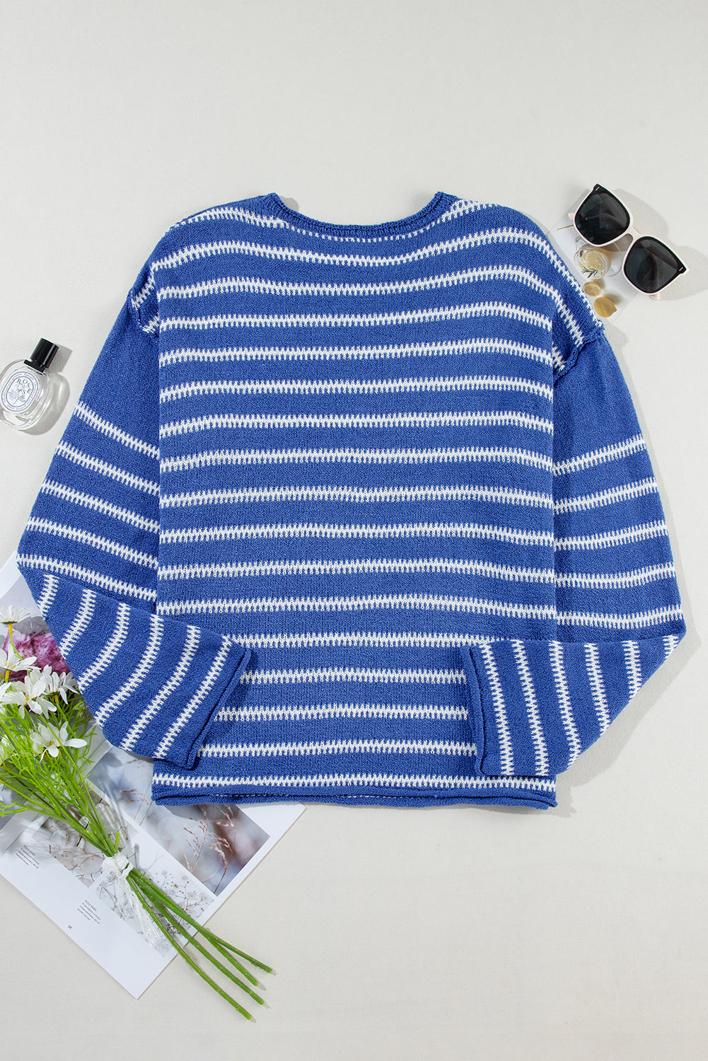 Sky Blue Stripe Drop Shoulder Casual Sweater - Scarlett's Riverside Boutique 