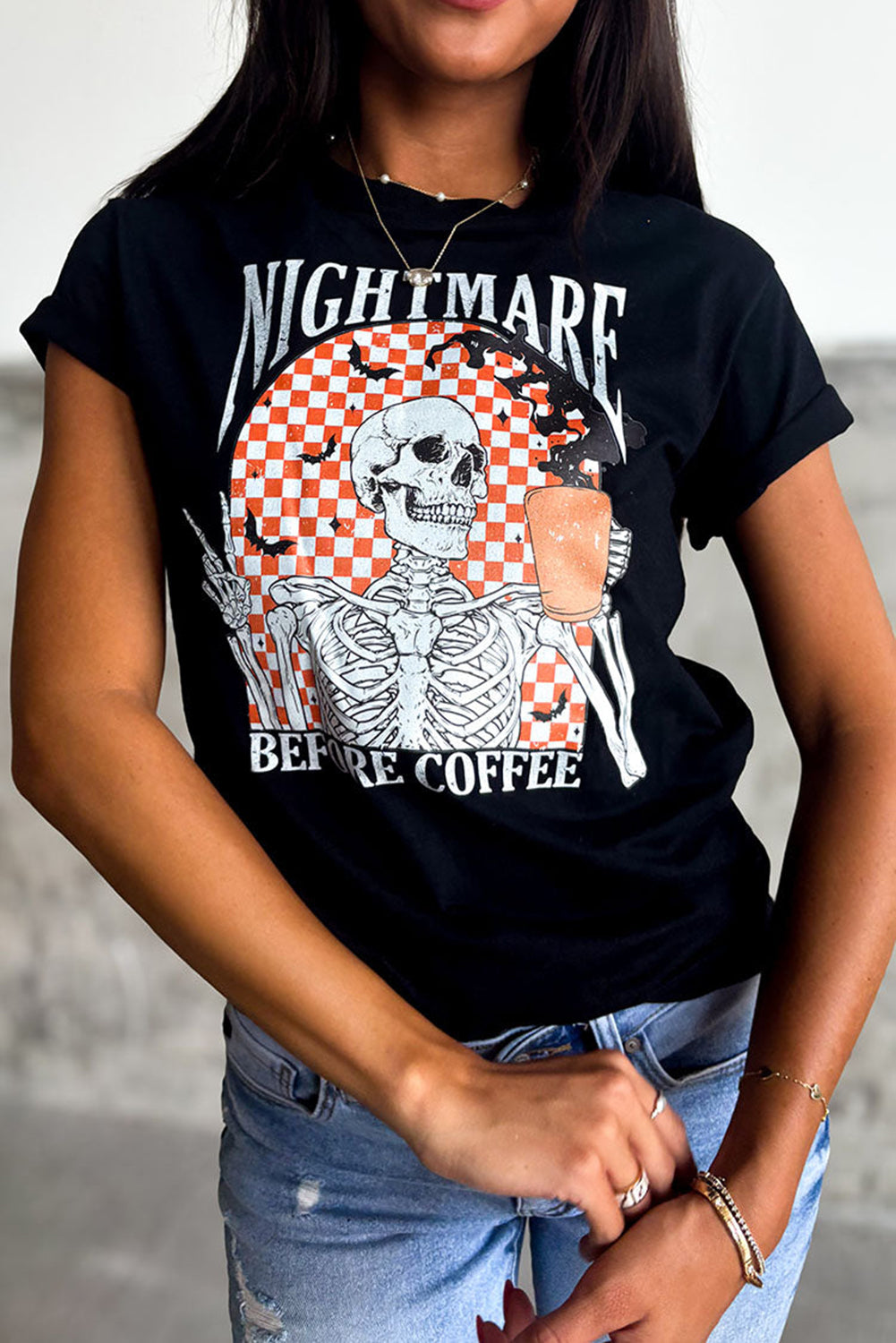 Black Nightmare Before Coffee Skull Checkerboard Graphic Halloween Tee - Scarlett's Riverside Boutique 