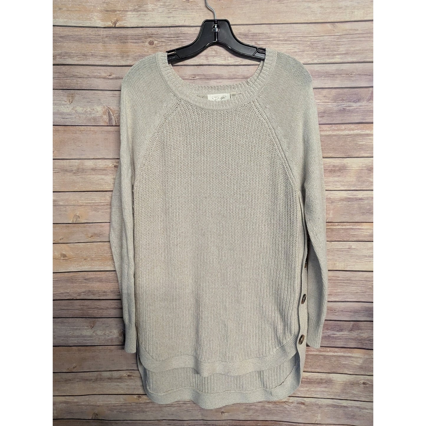 RD Style Boho Chunky Knit Sweater Tunic XL Beige Side Button Hi Low Pullover #O6