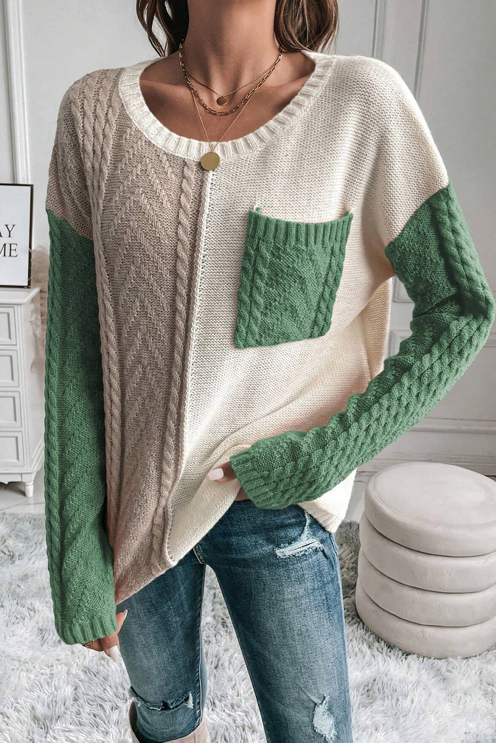 Vineyard Green Colorblock Patched Pocket Drop Shoulder Sweater - Scarlett's Riverside Boutique 