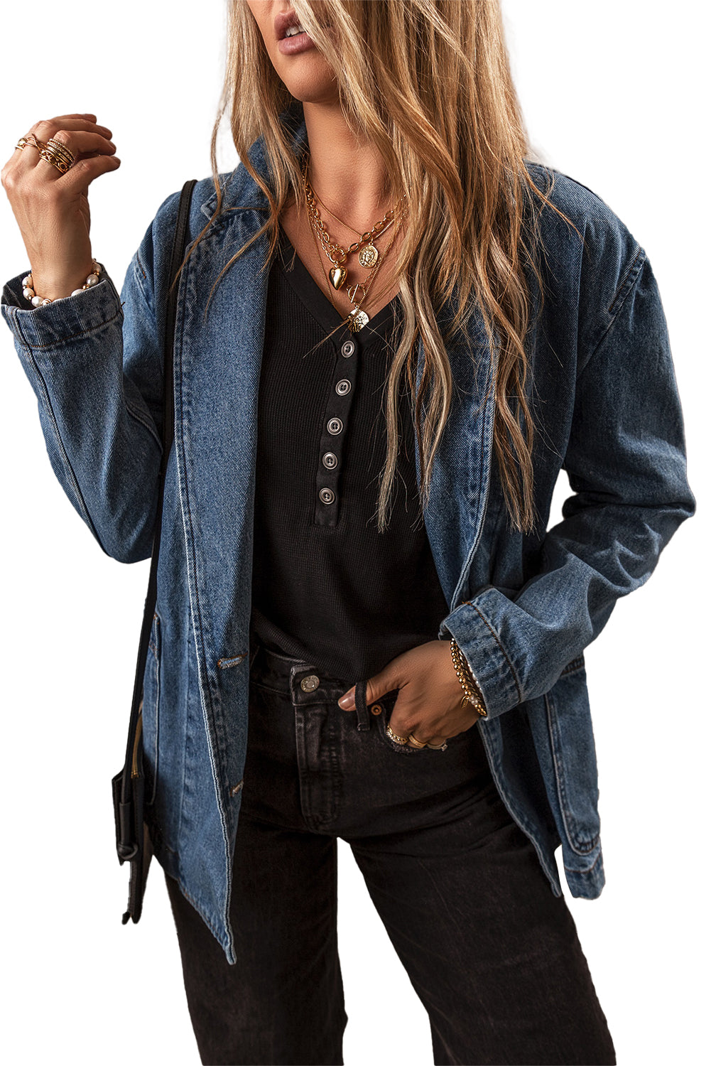 Sail Blue Side Pockets Lapel Collar Denim Jacket - Scarlett's Riverside Boutique 