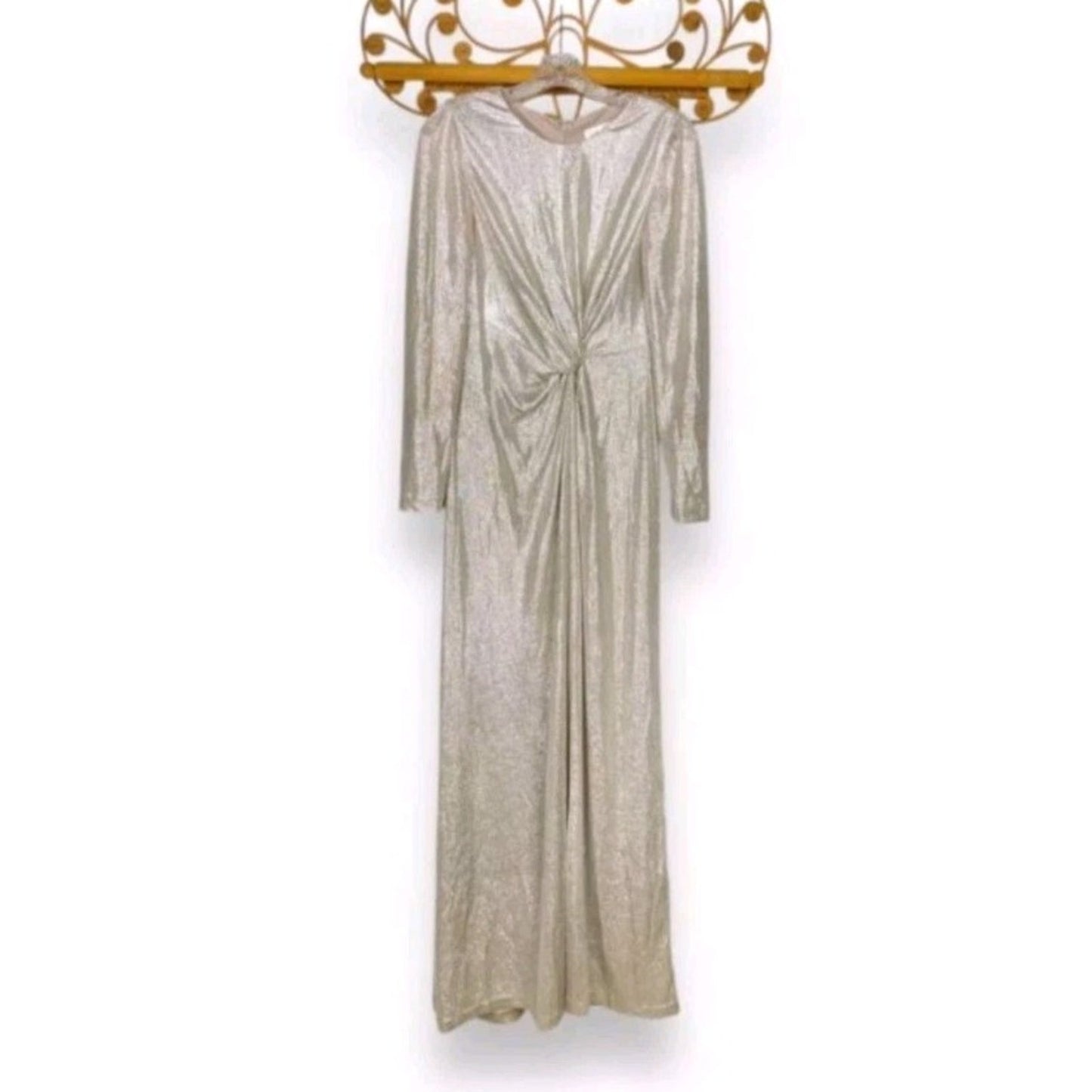 Eliza J Gold Metallic Twist Front Maxi Dress Womens Size 8 Long Sleeve Formal