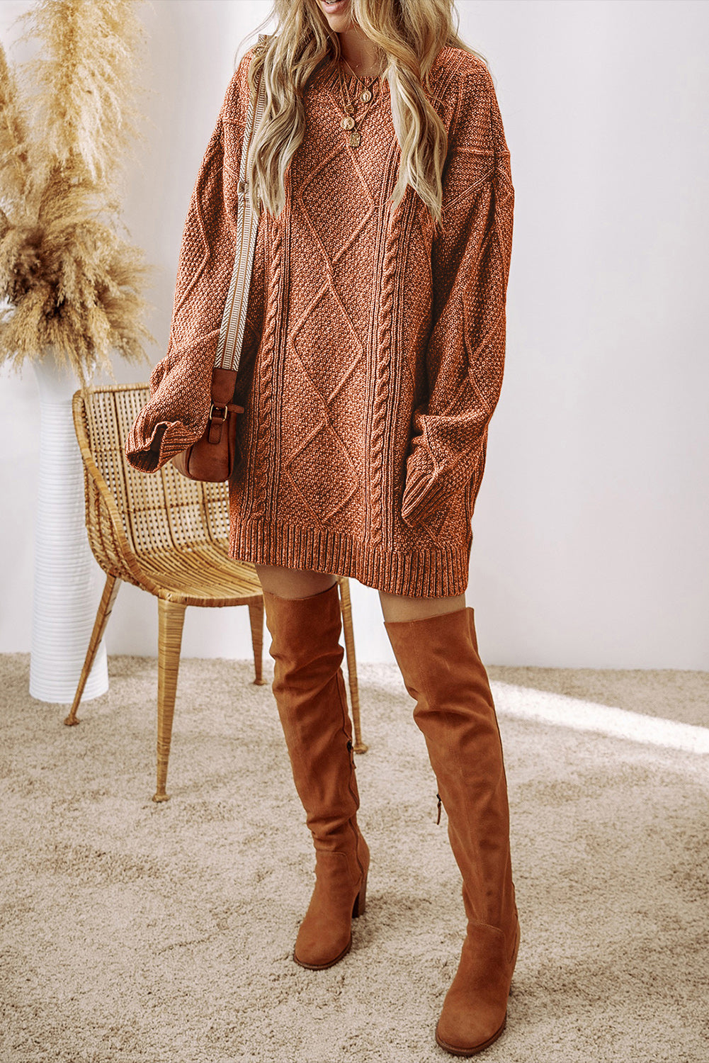 Coffee Cable Knit Drop Shoulder Loose Fit Sweater Dress - Scarlett's Riverside Boutique 