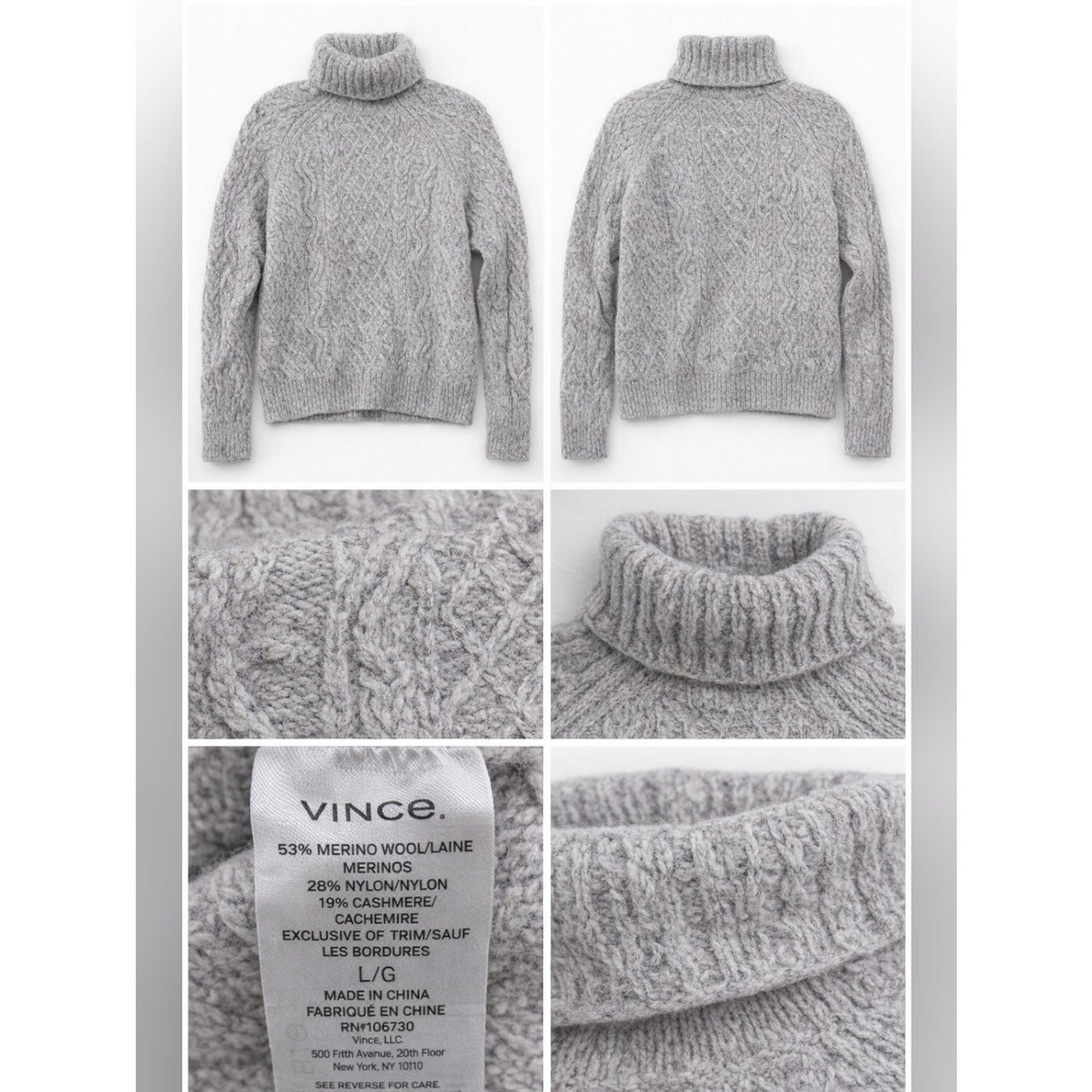 Vince Cable Knit Turtleneck Sweater Large Gray Merino Wool Cashmere Blend Pullov