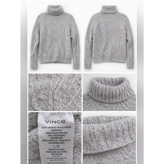 Vince Cable Knit Turtleneck Sweater Large Gray Merino Wool Cashmere Blend Pullov