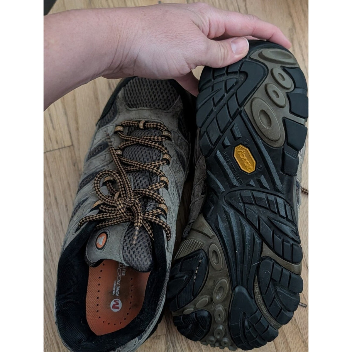 Merrell Men’s 11.5 Hiking Trail Shoes Gray Suede Mesh Vibram Kinetic Fit Elite