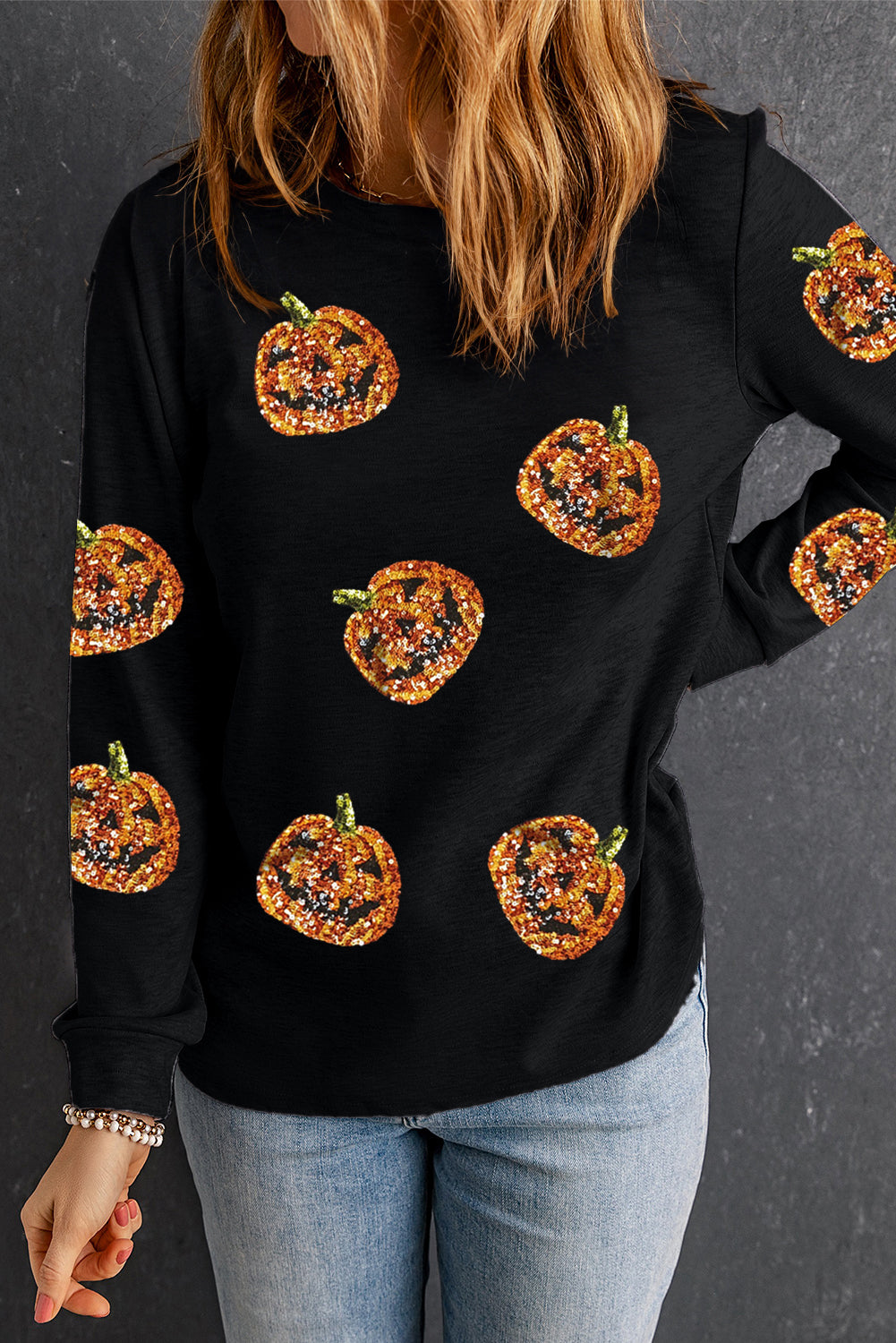 Black Halloween Sequin Pumpkin Face Pullover Long Sleeve Top - Scarlett's Riverside Boutique 