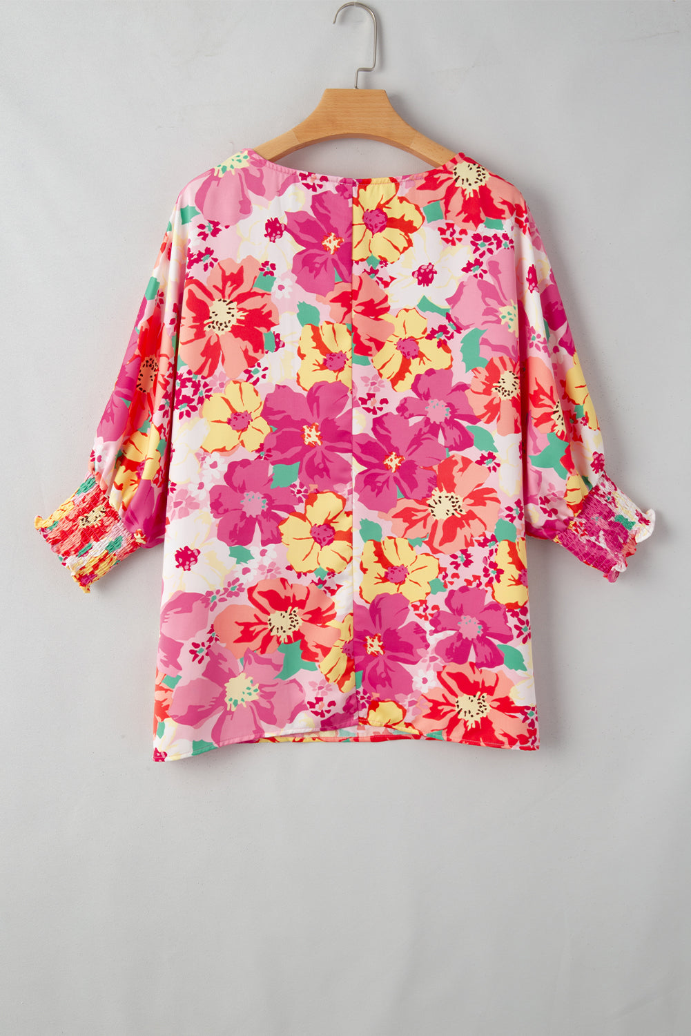 Pink Shirred Cuffs 3/4 Sleeve Floral Blouse - Scarlett's Riverside Boutique 