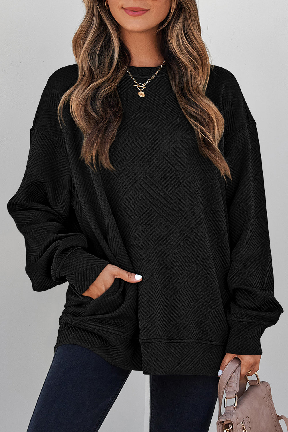 Black Solid Color Textured Round Neck Drop Shoulder Pullover Sweatshirt