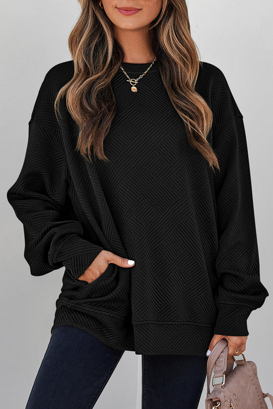 Black Solid Color Textured Round Neck Drop Shoulder Pullover Sweatshirt