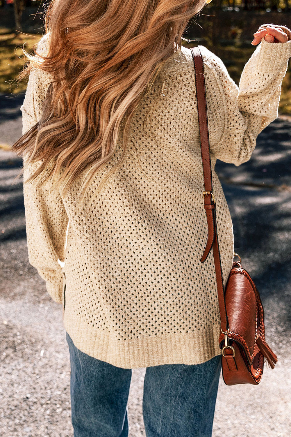 Parchment Loose Eyelet V Neck Drop Shoulder Sweater - Scarlett's Riverside Boutique 