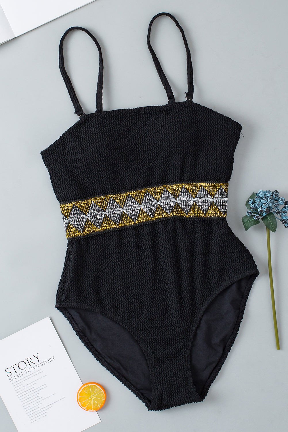 Black Geometric Trim High Waist Strapless One Piece Swimsuit - Scarlett's Riverside Boutique 