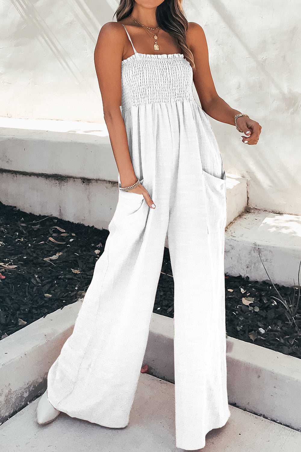 Smocked Spaghetti Strap Wide Leg Jumpsuit - Scarlett's Riverside Boutique 