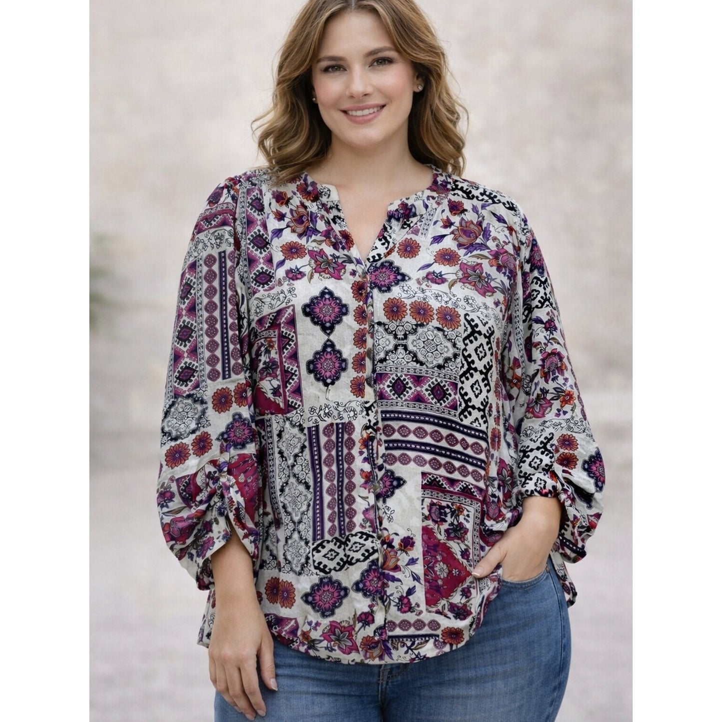 Westport Women’s Floral Boho Blouse Large White Purple Orange Patchwork Print Ba