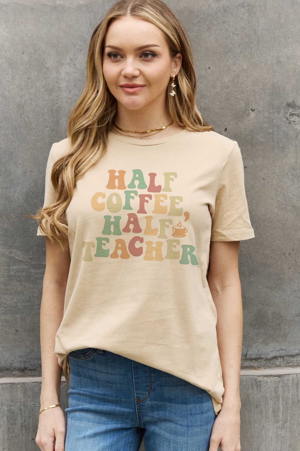 Simply Love Full Size HALF COFFEE HALF TEACHER Graphic Cotton Tee - Scarlett's Riverside Boutique 