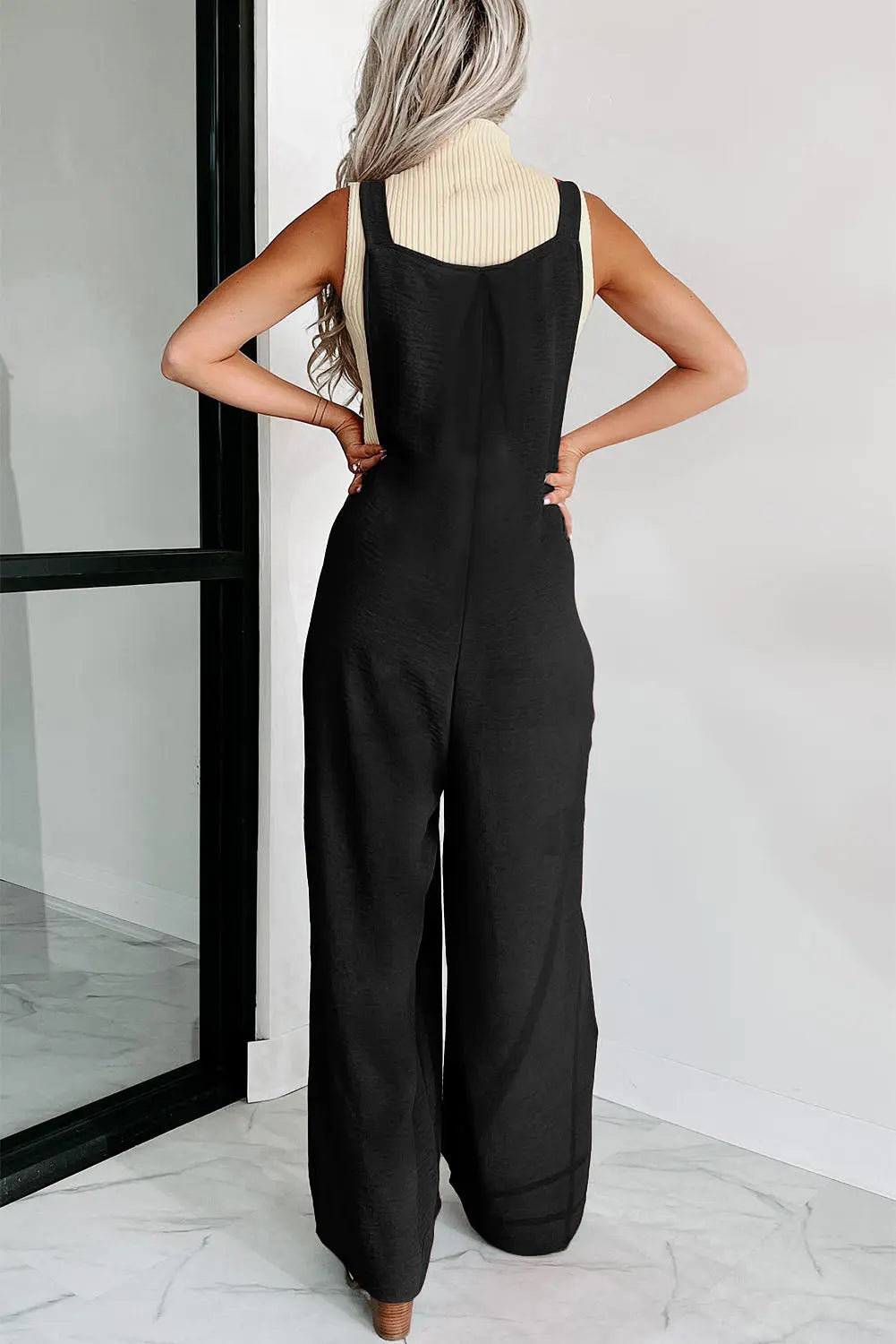 Black Textured Buttoned Straps Ruched Wide Leg Jumpsuit - Scarlett's Riverside Boutique 