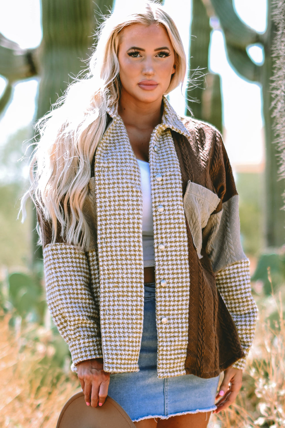 Khaki Houndstooth Color Contrast Textured Patchwork Loose Shacket