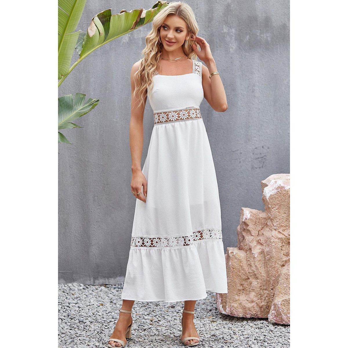 Spliced Lace Square Neck Sleeveless Midi Dress Casual Polyester Womenswear Stretchy