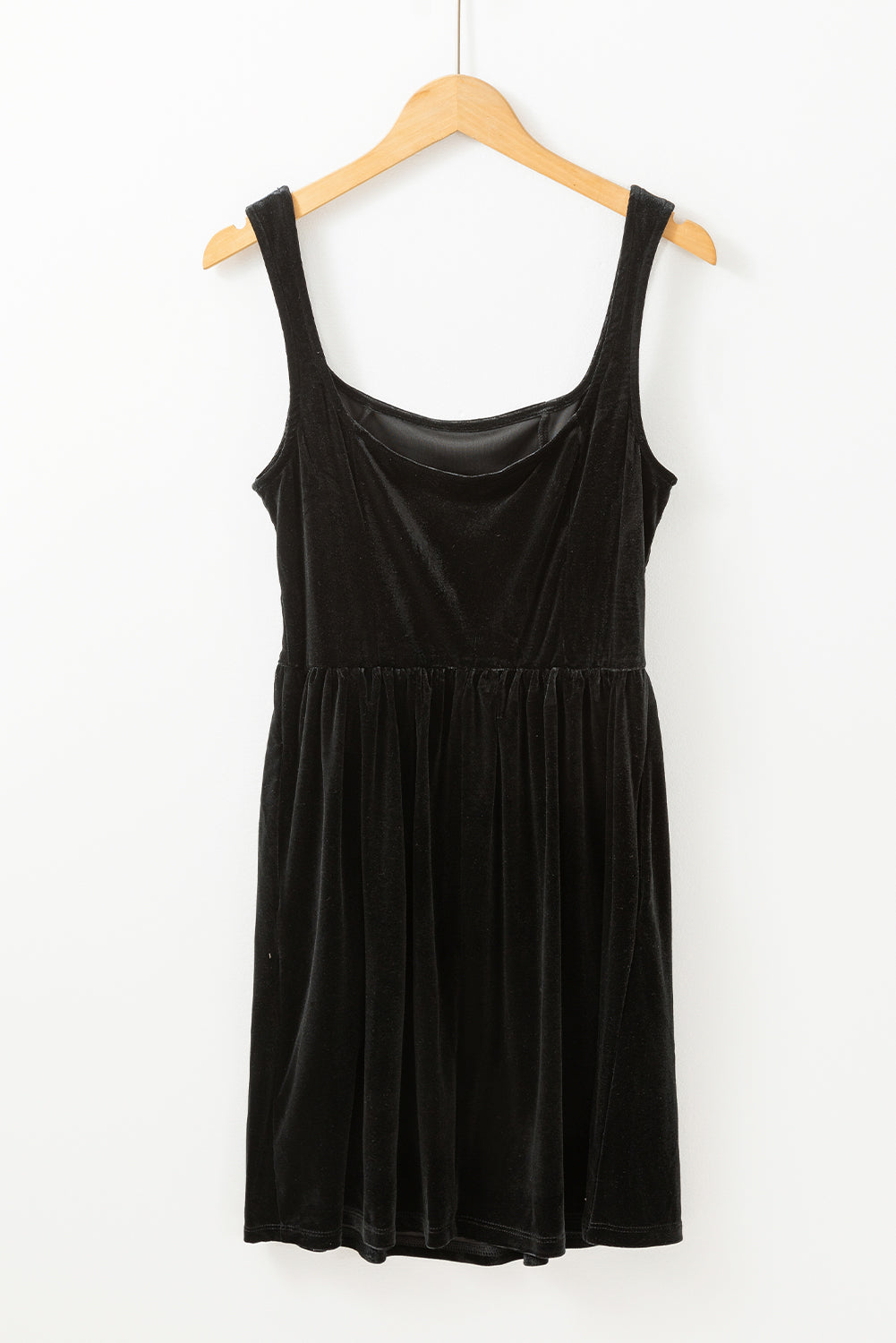 Black Velvet Square Neck Sleeveless High Waist Mini Dress with Pockets - Scarlett's Riverside Boutique 