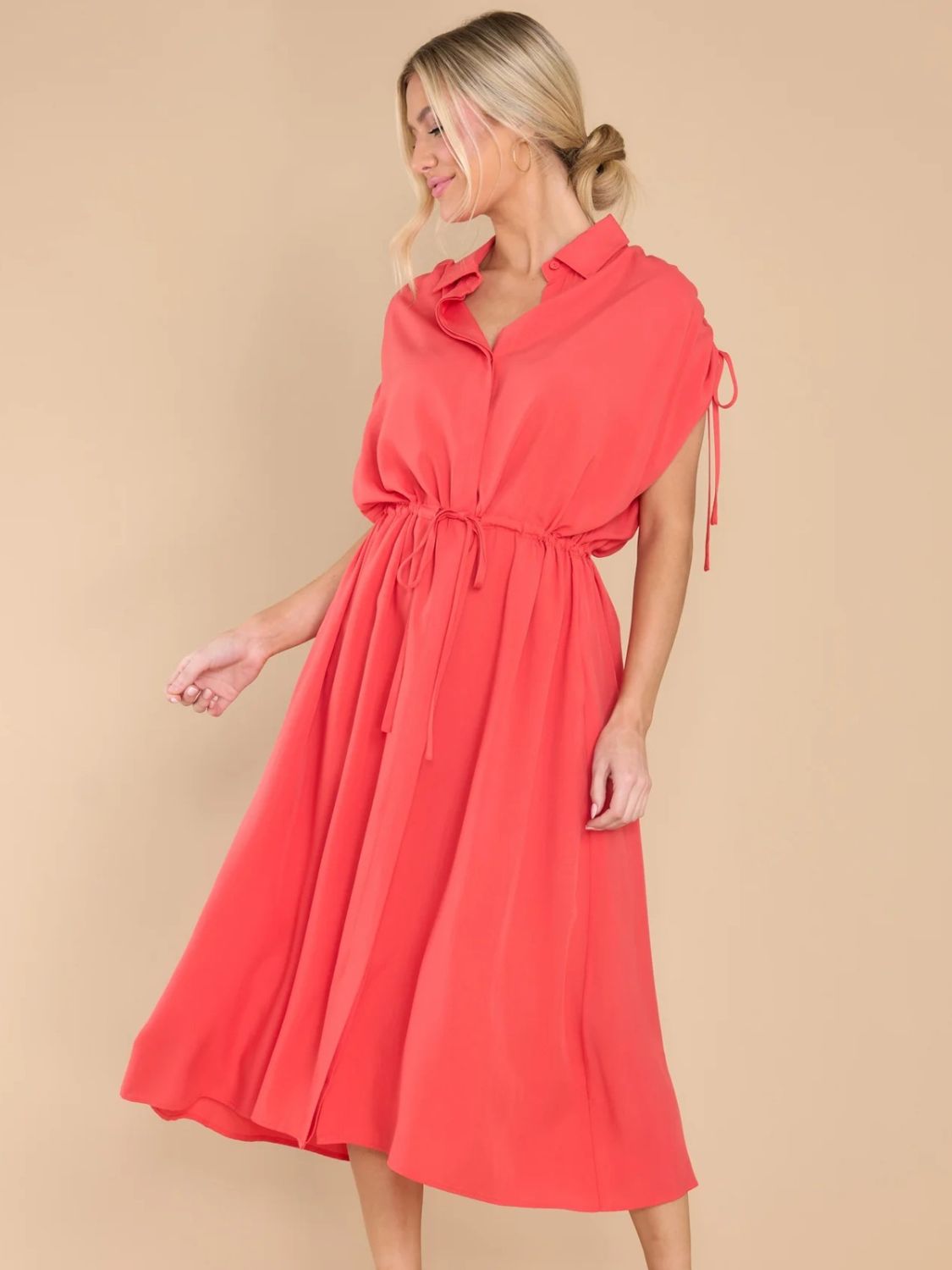 Drawstring Collared Neck Short Sleeve Midi Dress - Scarlett's Riverside Boutique 