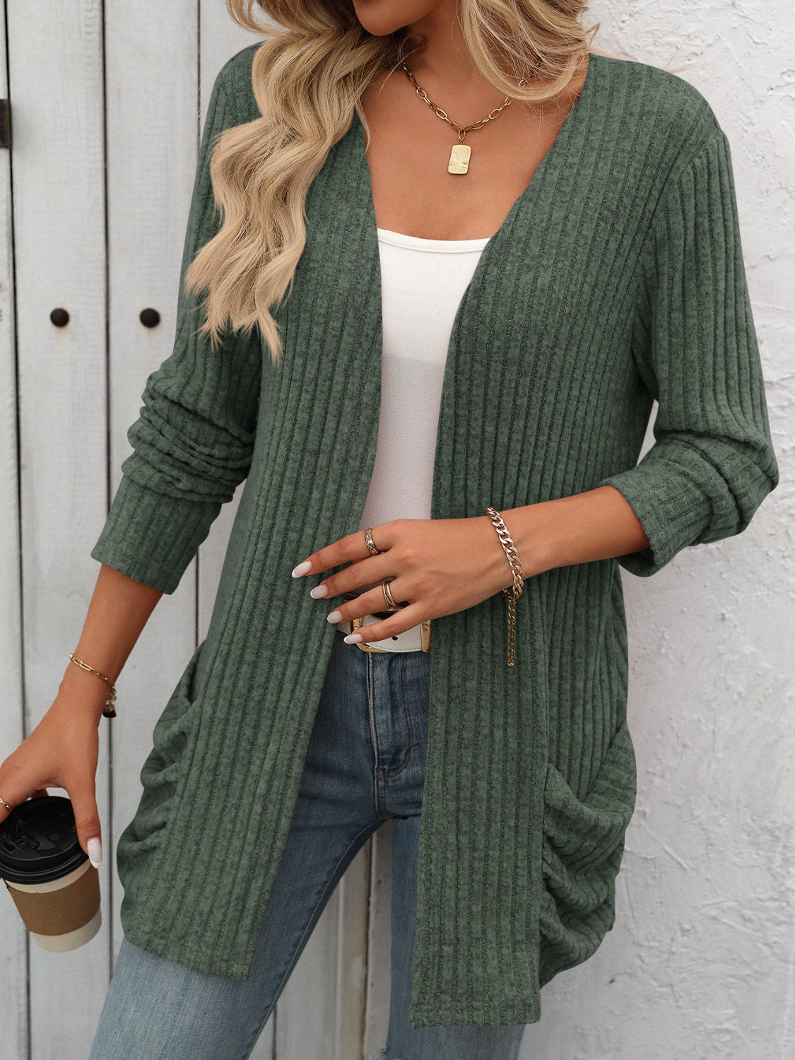 Open Front Long Sleeve Ribbed Cardigan - Scarlett's Riverside Boutique 