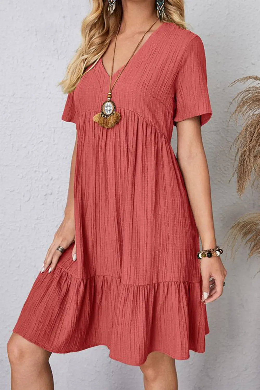 Full Size Ruched V-Neck Short Sleeve Dress - Scarlett's Riverside Boutique 