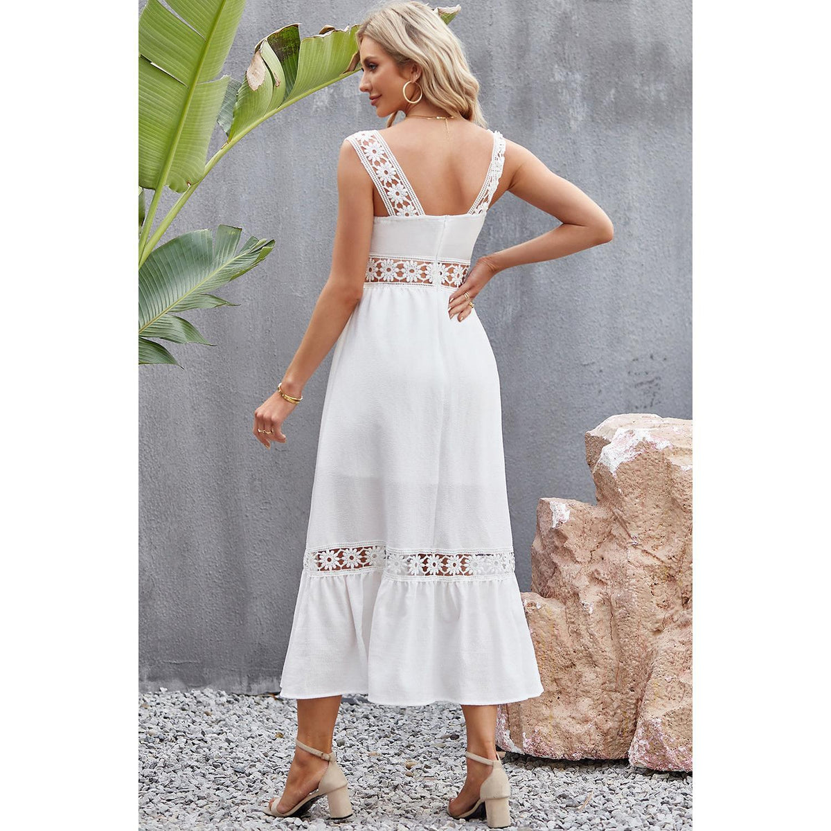 Spliced Lace Square Neck Sleeveless Midi Dress Casual Polyester Womenswear Stretchy