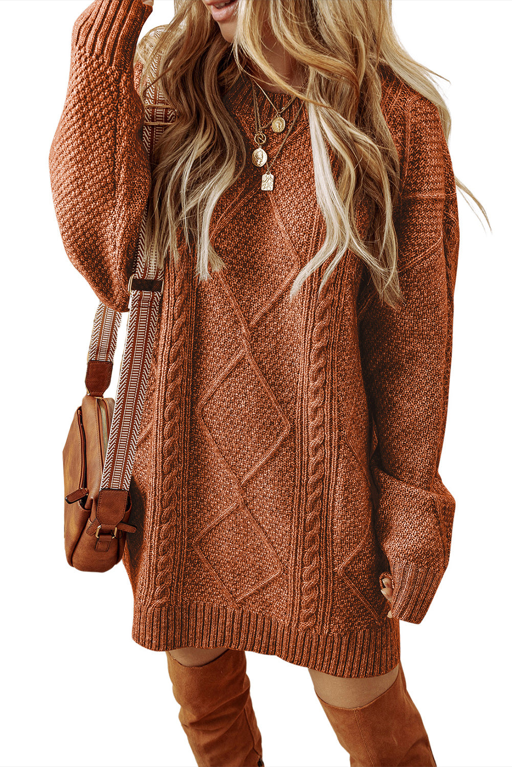 Coffee Cable Knit Drop Shoulder Loose Fit Sweater Dress - Scarlett's Riverside Boutique 