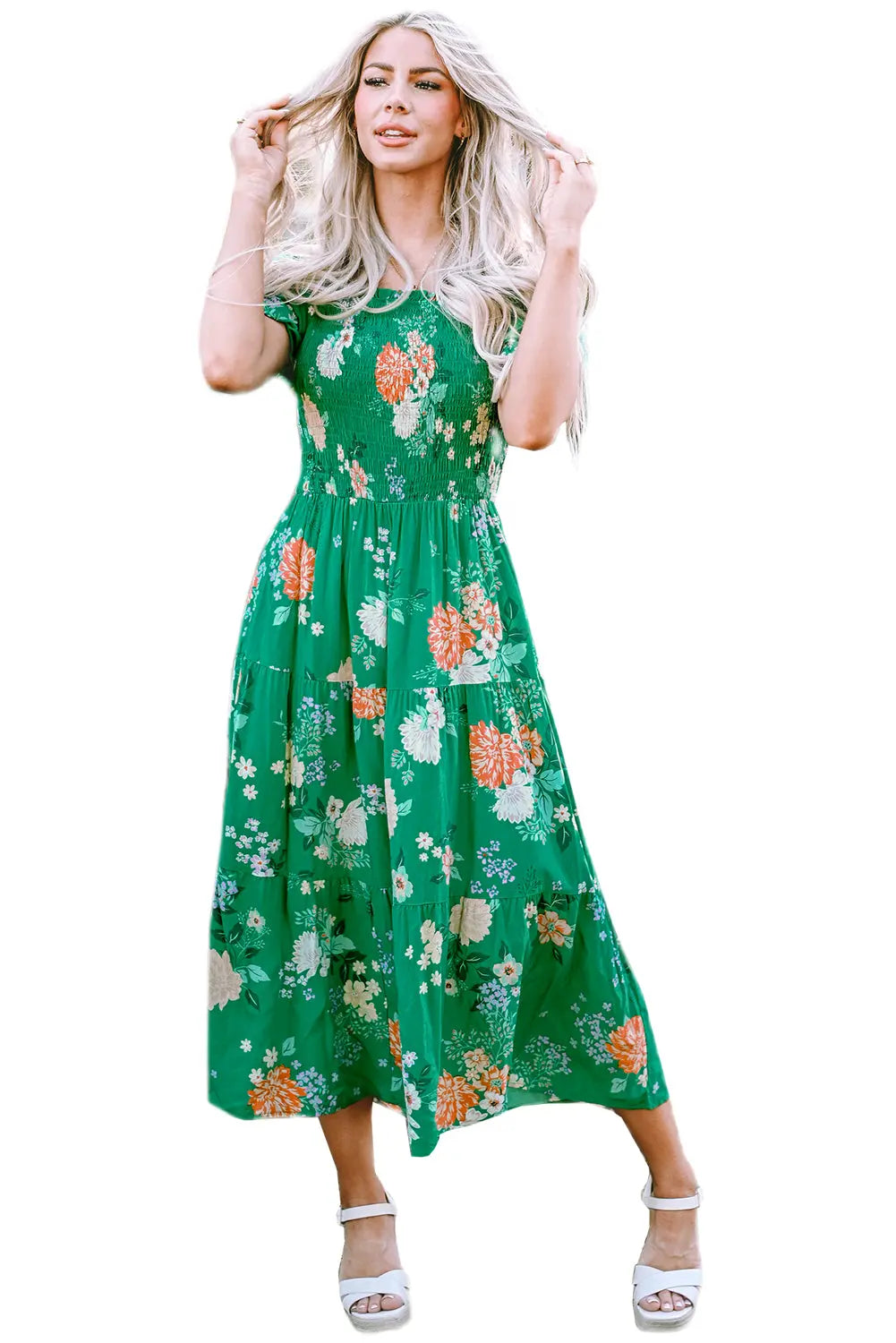 Green Floral Print Bubble Sleeve Smocked Tiered Midi Dress - Scarlett's Riverside Boutique 