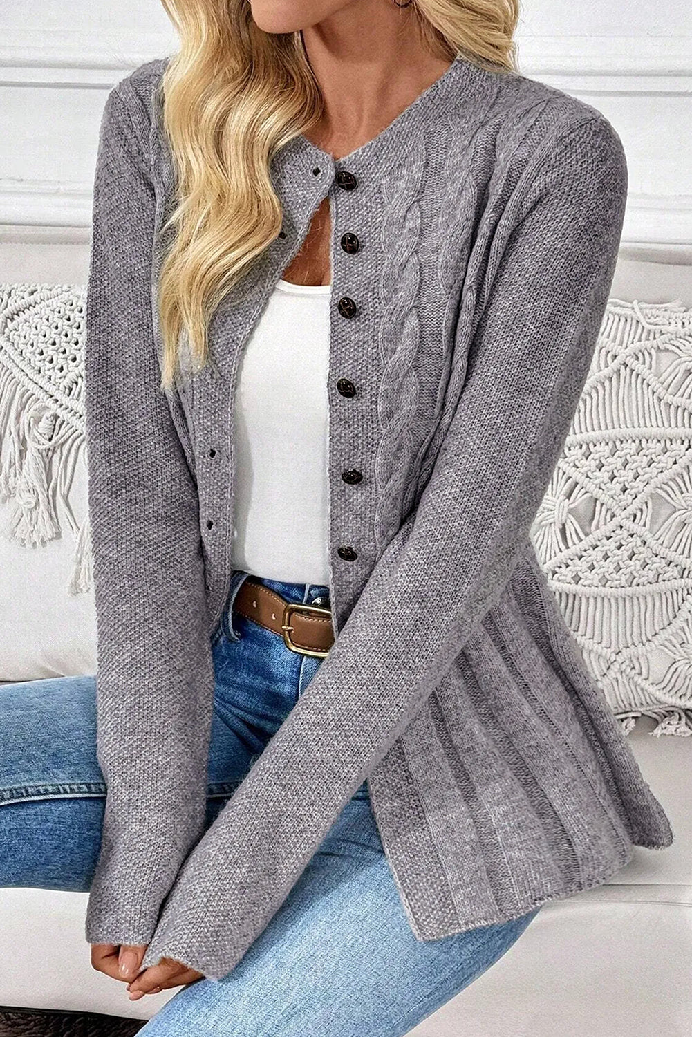 Grey Cable Knit Cardigan Sweater