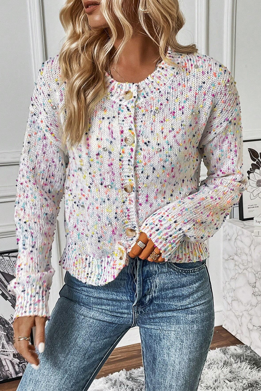 White Multicolor Confetti Sweater Cardigan - Scarlett's Riverside Boutique 