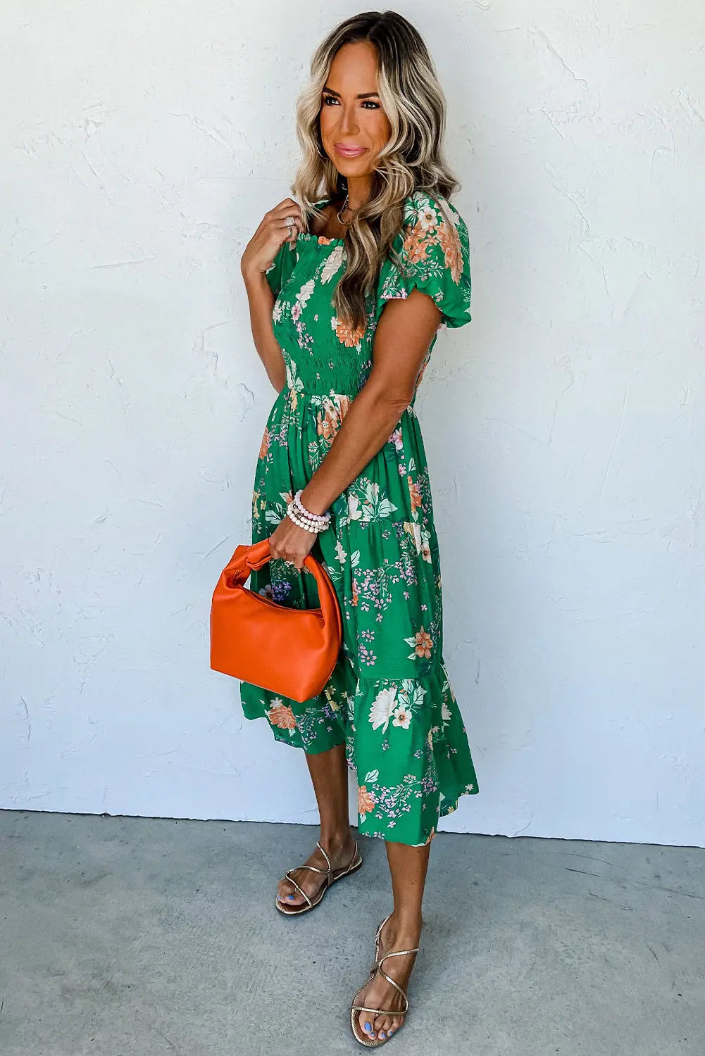 Green Floral Print Bubble Sleeve Smocked Tiered Midi Dress - Scarlett's Riverside Boutique 