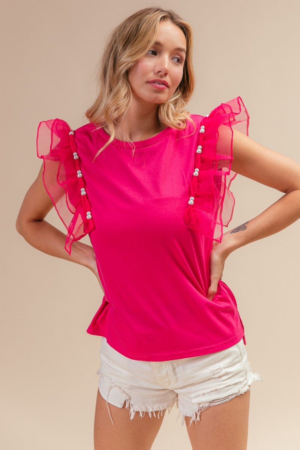 BiBi Pearl Decor Mesh Ruffle Sleeve Top - Scarlett's Riverside Boutique 