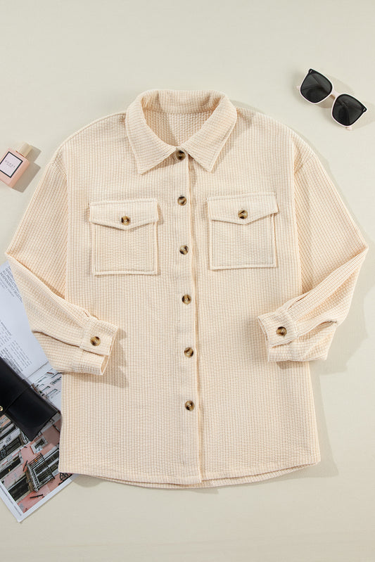 Oatmeal Corduroy Flap Pocket Button Up Shacket - Scarlett's Riverside Boutique 