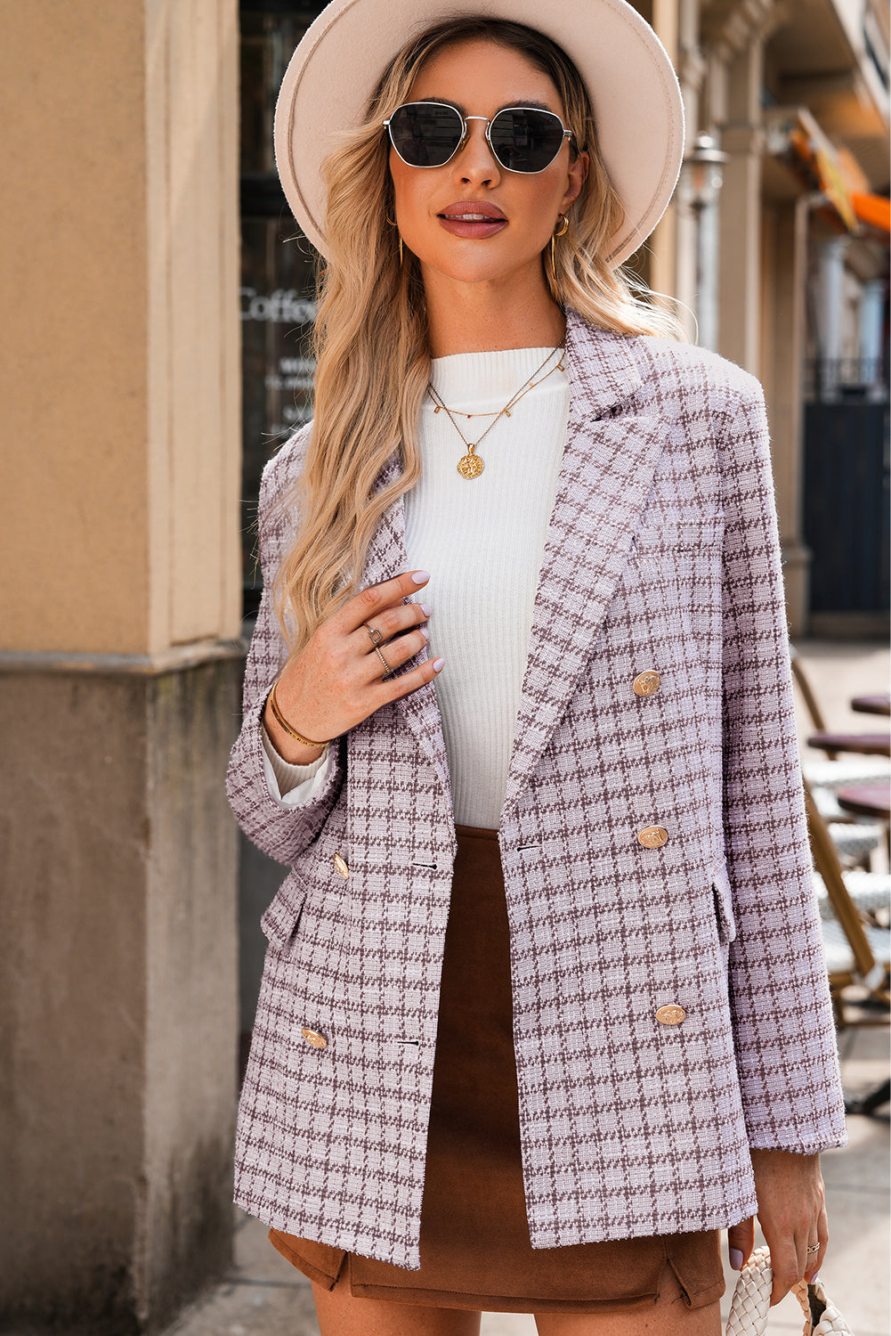 Pink Plaid Tweed Blazer Women’s Double Breasted Gold Button Jacket Chic Office Layer