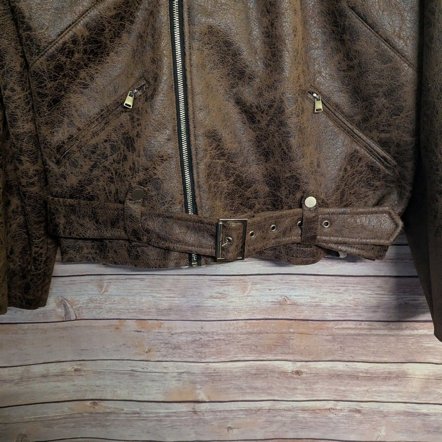 Rachel Roy Brown Faux Leather Shearling Moto Jacket Aviator Belted Zip Coat