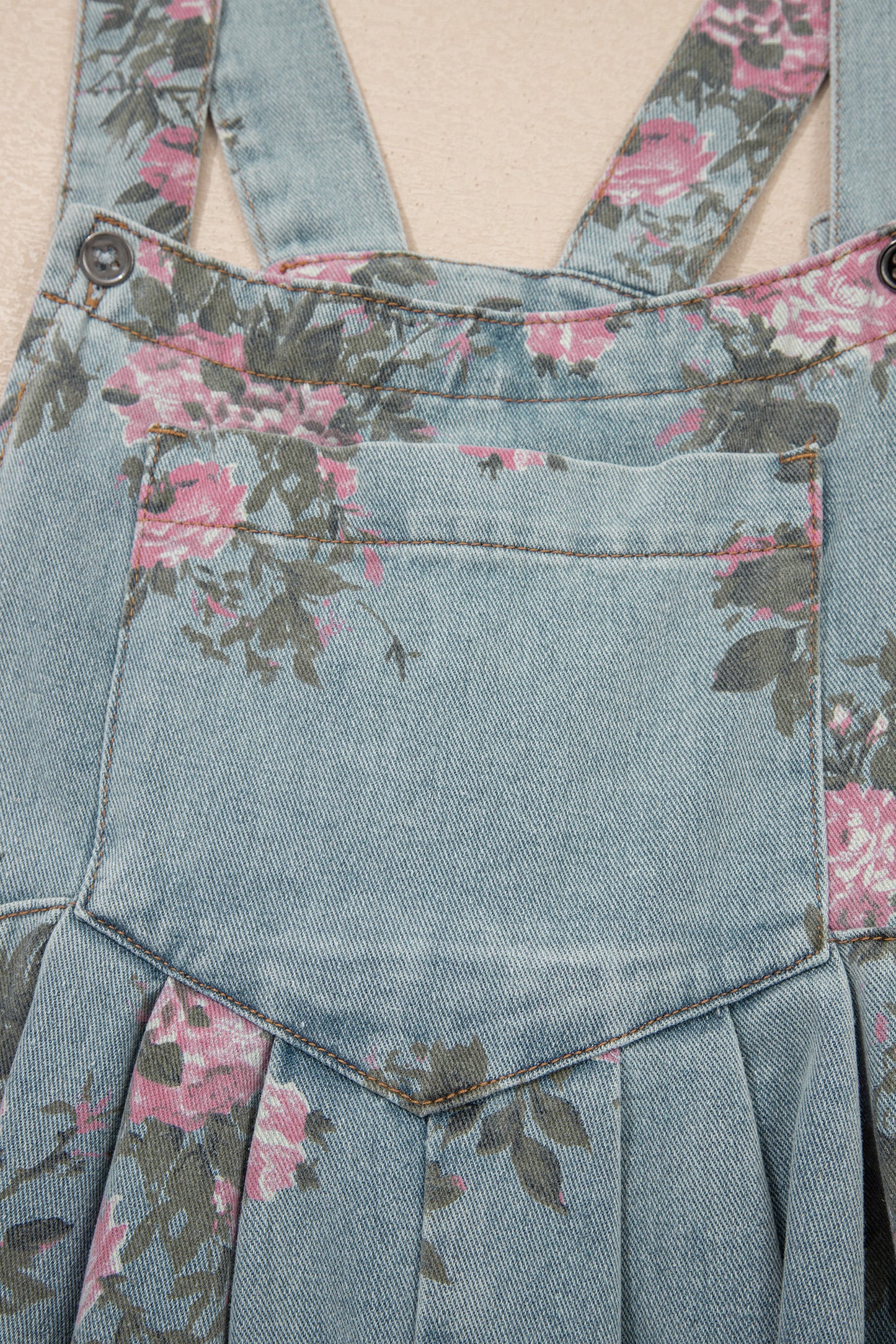 Beau Blue Floral Denim Jumpsuit Wide Leg Pleated Sleeveless Boho Overalls
