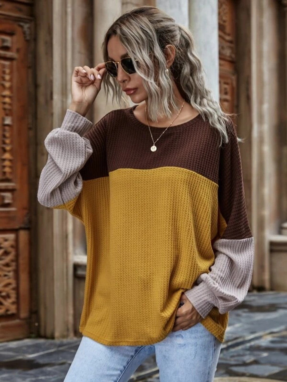 Color Block Waffle-Knit Long Sleeve Top - Scarlett's Riverside Boutique 