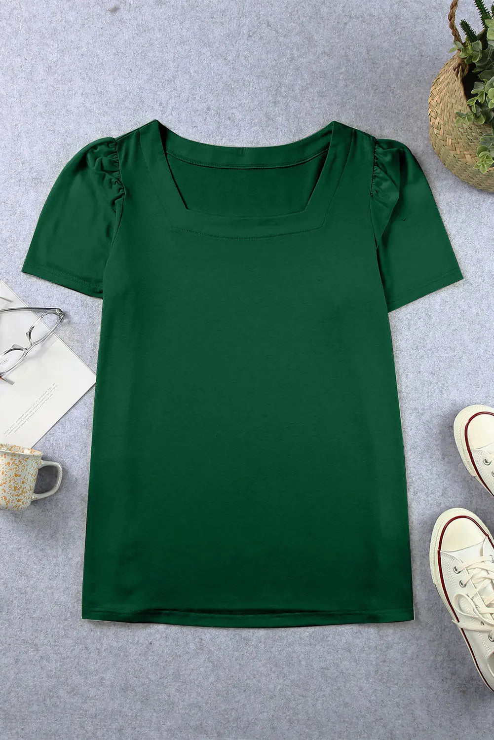 Green Plus Size Square Neck Ruched Shoulder Short Sleeve Top - Scarlett's Riverside Boutique 