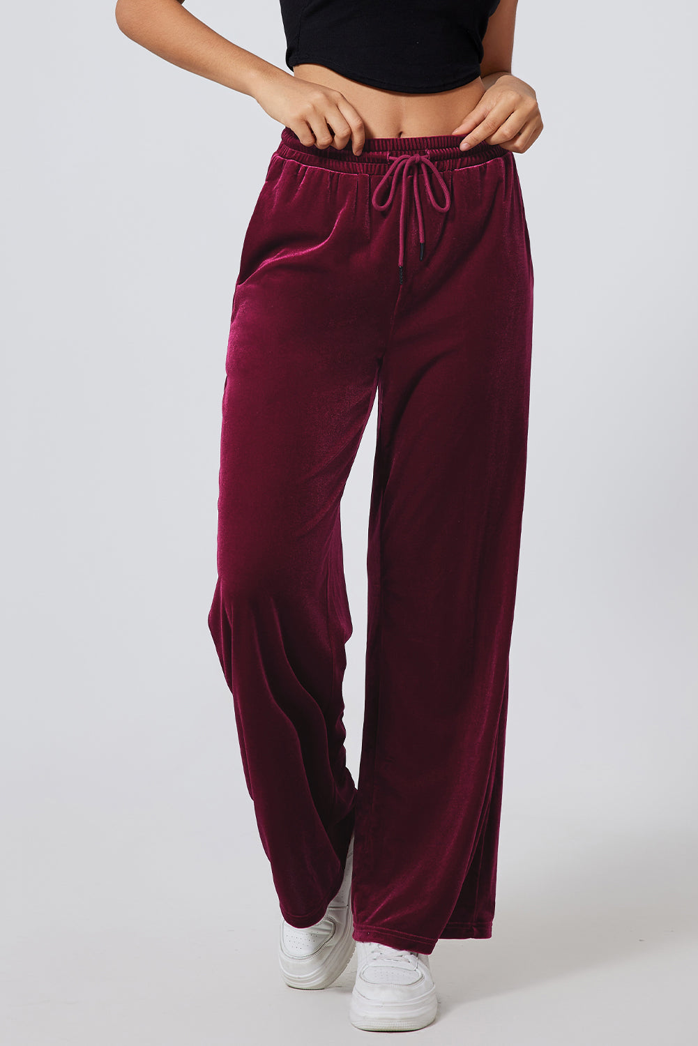 Burgundy Solid Drawstring Waist Wide Leg Pants - Scarlett's Riverside Boutique 