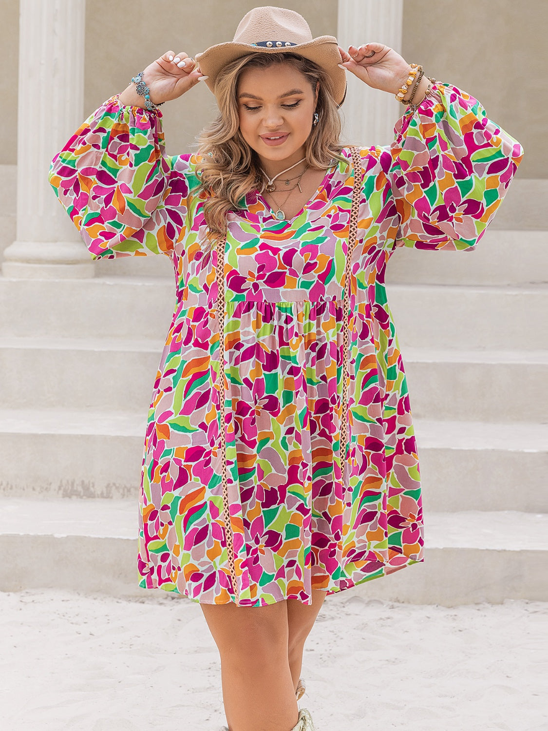 Plus Size Printed V-Neck Balloon Sleeve Mini Dress - Scarlett's Riverside Boutique 