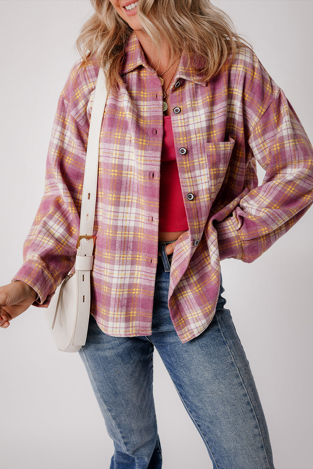 Pink Plaid Print Chest Pocket Long Sleeve Shacket - Scarlett's Riverside Boutique 