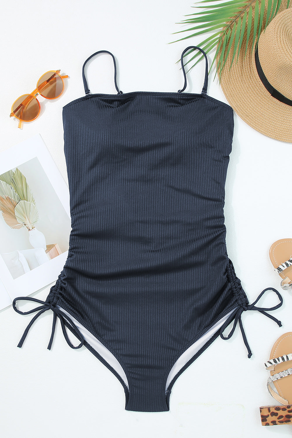 Navy Blue Ribbed Drawstring Sides Cutout One Piece Swimsuit - Scarlett's Riverside Boutique