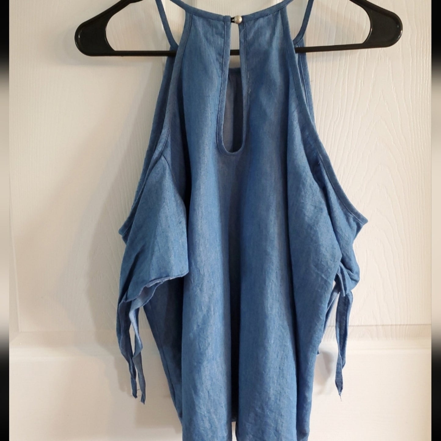 Charlotte Russe Chambray Blue Cold Shoulder Halter Top | Tie Sleeve Boho Blouse