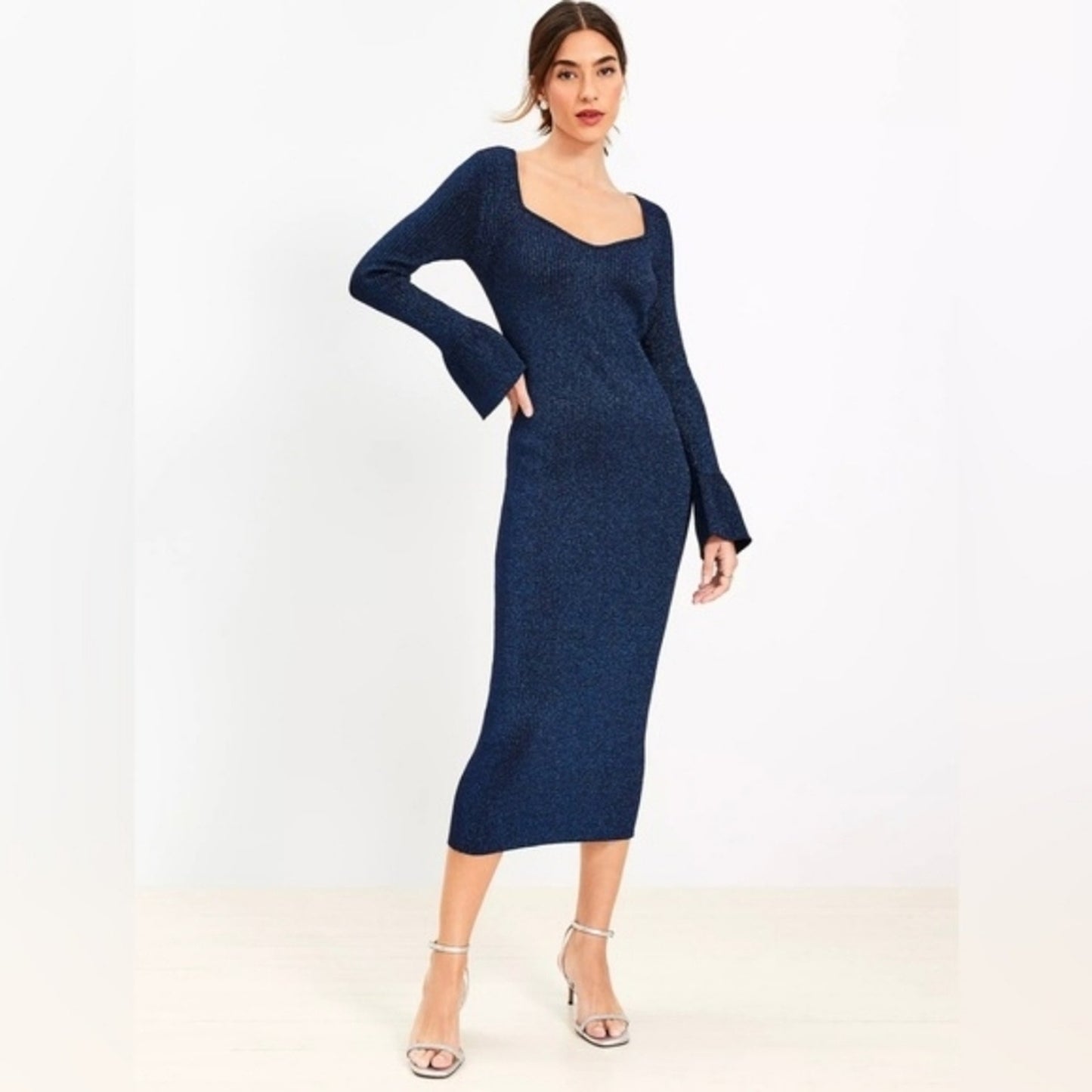 NWT LOFT Blue Shimmer Sweater Dress Size Large | Metallic Knit Midi Bodycon Bell